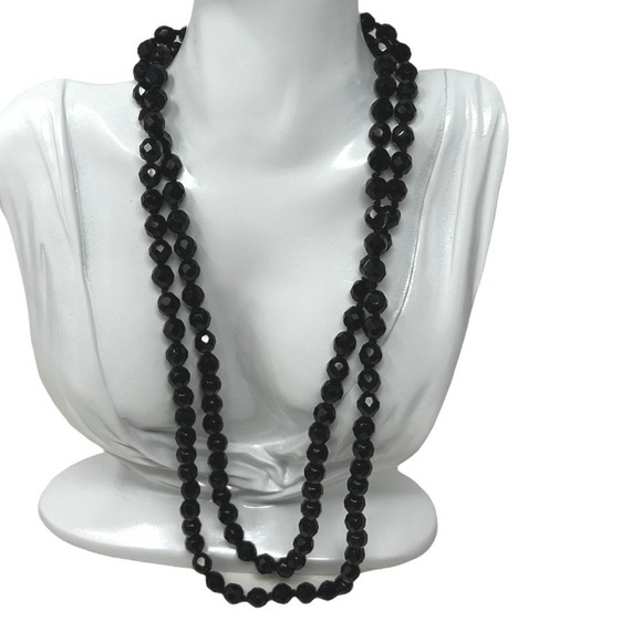 Jewelry - Black Beaded Necklace Double Strand Shiny Knotted Beads Vintage